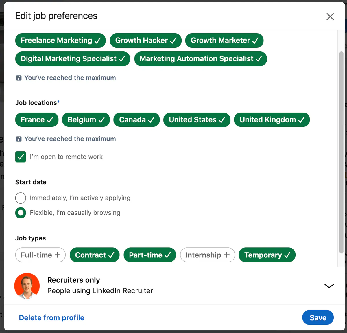 Paramètres de la fonctionnalité #OpenToWork de LinkedIn