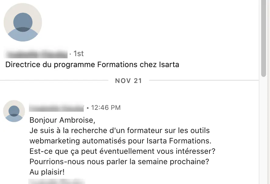 Message de recrutement reçu sur LinkedIn de la part d’Isarta