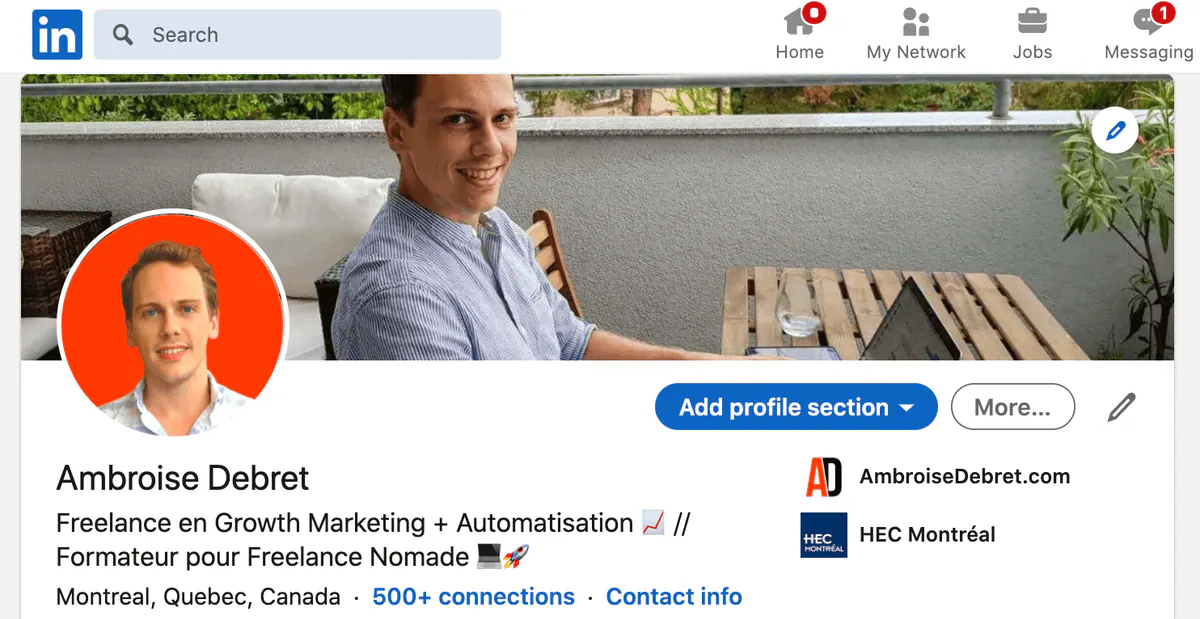 Exemple de headline LinkedIn optimisée sur le profil d’Ambroise Debret