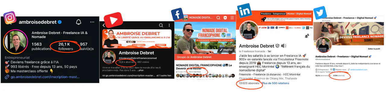 Ensemble des réseaux sociaux d'Ambroise Debret avec le nombre d'abonnés
